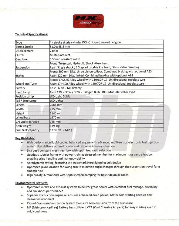 Hero HX250R Specifications - Automobilians
